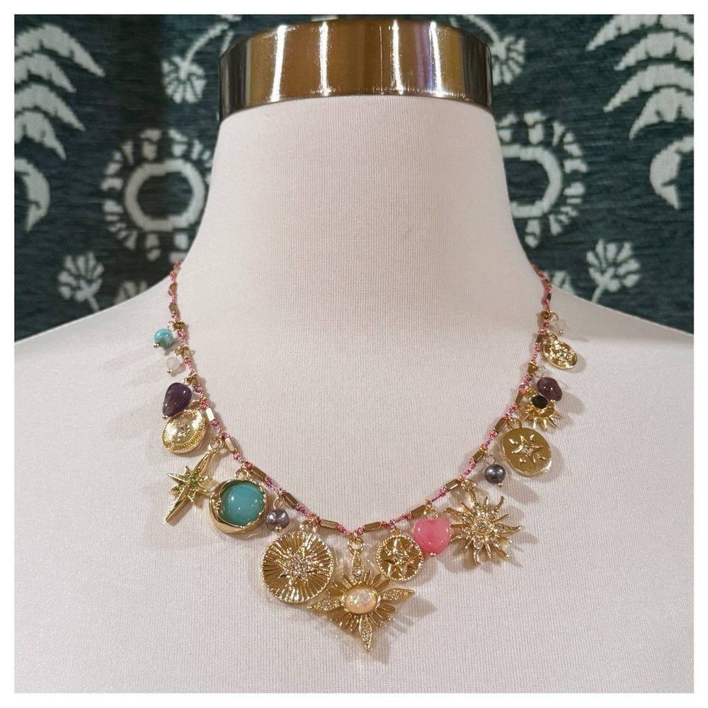 Camila Coelho Gold Pink Pearl Jade Turquoise Amethyst Charm Necklace NWT - Picture 1 of 14